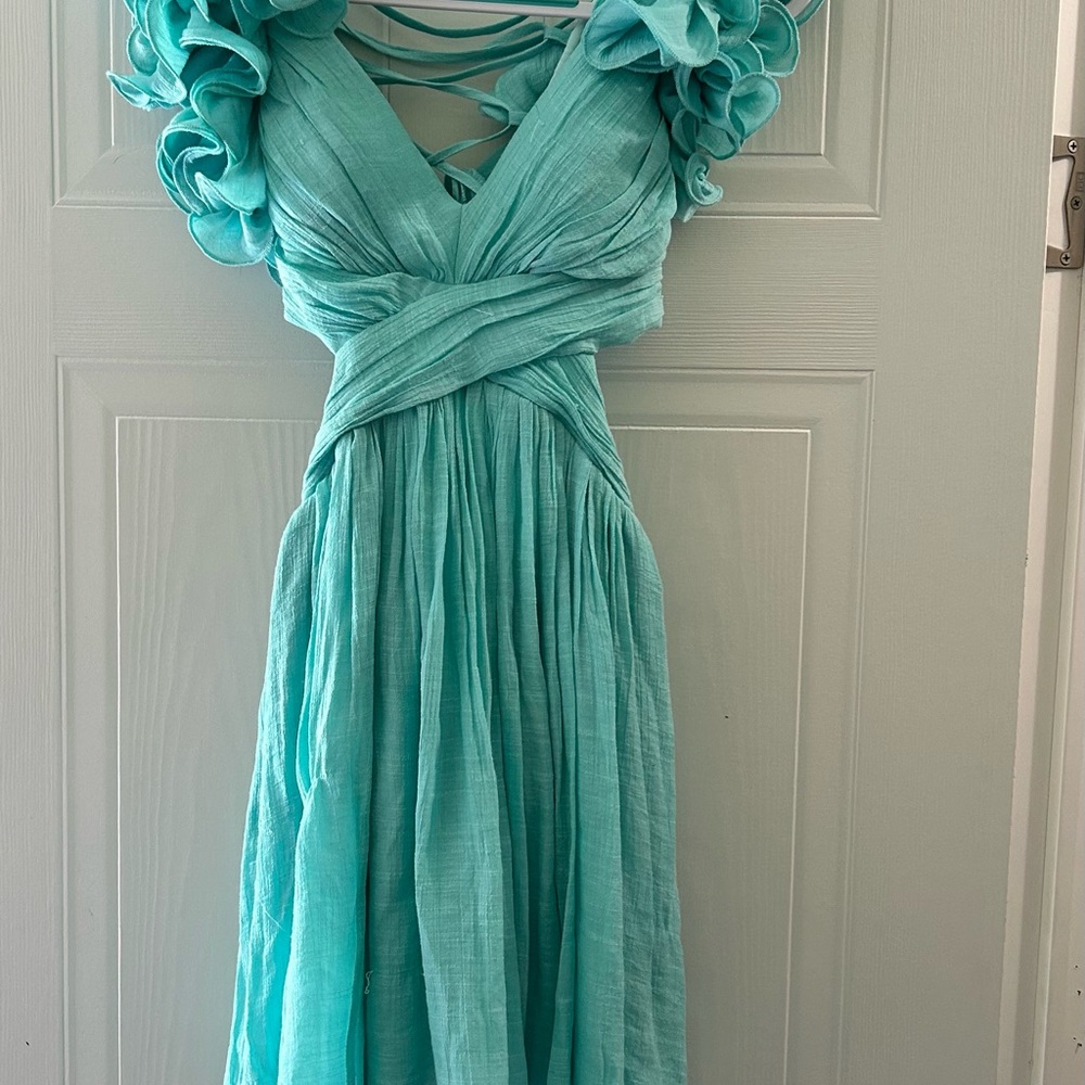 DO+BE Green Ruched Maxi Dress Plunge Neckline Wedding Guest